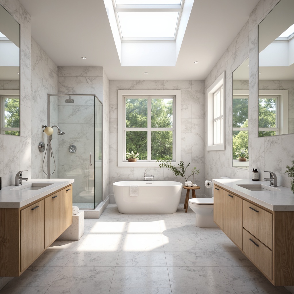 Prompt: Clean-lined bathroom, Scandinavian minimalism, white marble countertops, light wood cabinets, freestanding tub, rainfall showerhead, chrome fixtures, geometric tile patterns, monochromatic color scheme, natural textures, ample negative space, soft warm lighting, large skylight, 1/1 composition, shallow depth of field, realistic reflections, ambient occlusion.