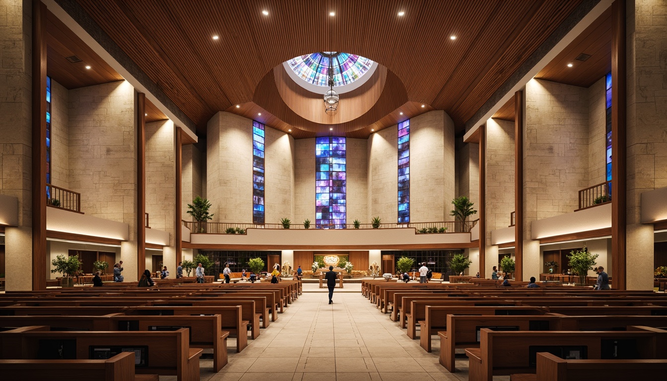 Prompt: Modern church interior, sleek minimalist design, natural stone walls, wooden accents, stained glass windows, vibrant colorful lighting, open floor plans, circular seating arrangements, elevated podiums, interactive worship spaces, communal gathering areas, curved lines, geometric patterns, ambient occlusion, soft warm lighting, shallow depth of field, 3/4 composition, panoramic view, realistic textures.