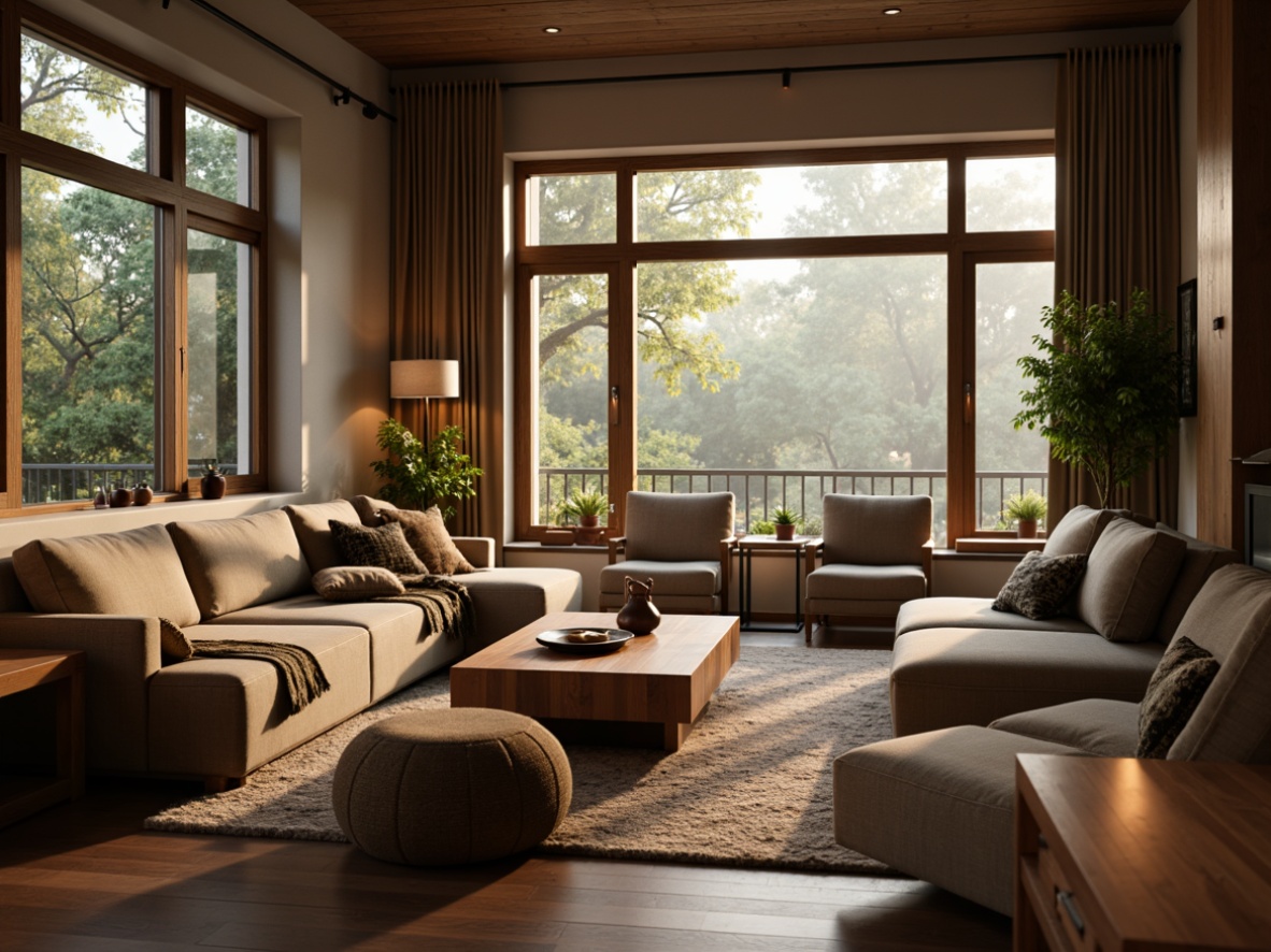 Prompt: Cozy living room, plush sofas, velvety cushions, wooden coffee tables, modern minimalist decor, soft warm lighting, large windows, natural textiles, earthy color palette, ergonomic chairs, stylish side tables, metallic accents, ambient atmosphere, shallow depth of field, 3/4 composition, realistic textures.