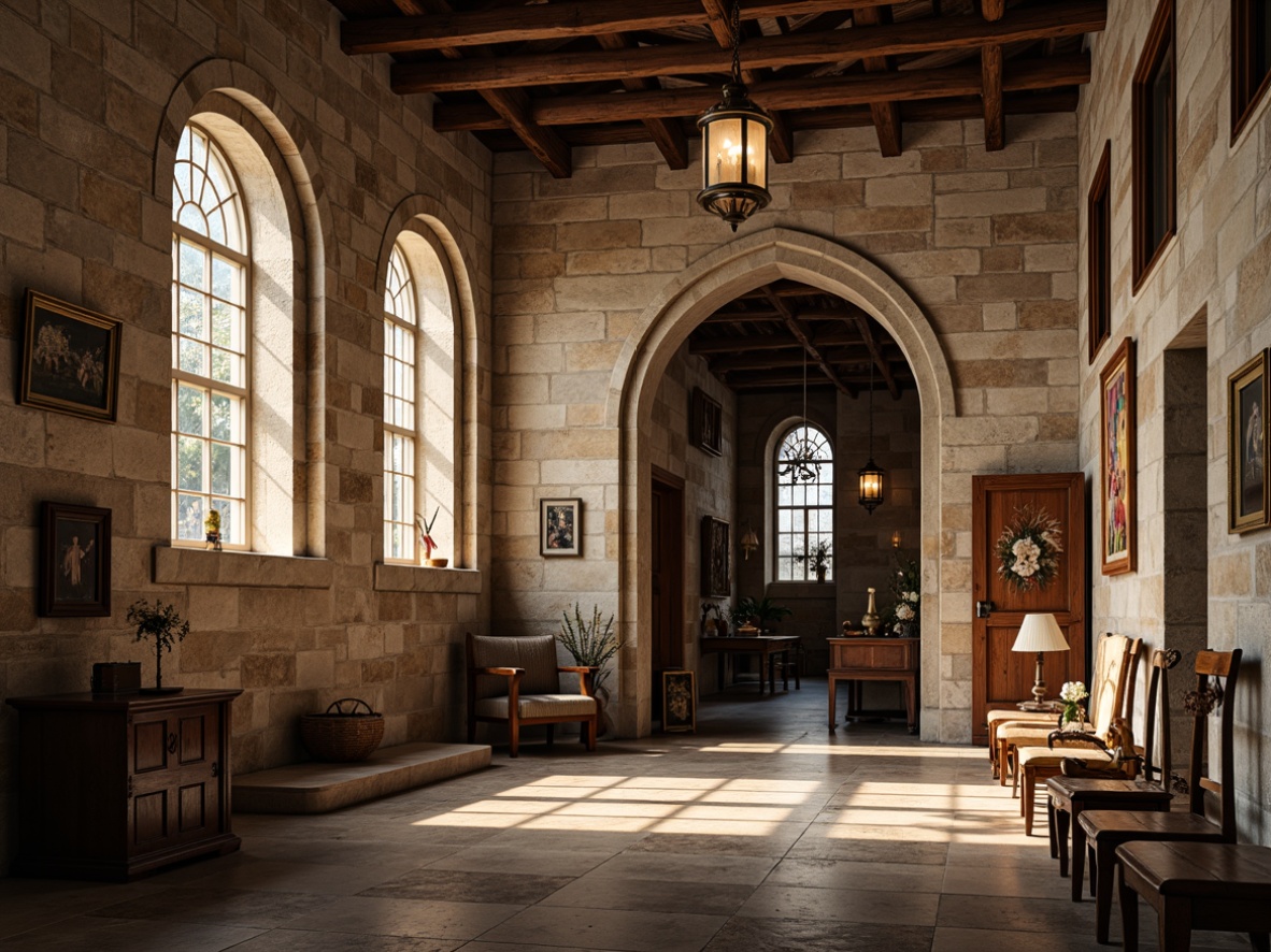 Prompt: Rustic monastery facade, stone walls, arched windows, wooden doors, ornate carvings, vaulted ceilings, stained glass windows, grand halls, intricate murals, spiritual symbols, warm candlelight, soft natural textures, earthy color palette, weathered stonework, distressed wood accents, vintage furniture pieces, classic tapestries, serene atmosphere, gentle diffused lighting, 1/1 composition, realistic material renderings, ambient occlusion.