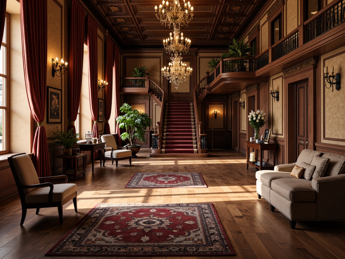 Prompt: \Opulent Victorian-style mansion, intricately patterned hardwood floors, rich dark wood tones, polished marble surfaces, ornate rugs, lavish furnishings, grand chandeliers, high ceilings, detailed moldings, ornamental staircases, luxurious velvet drapes, warm golden lighting, soft focus, shallow depth of field, 1/1 composition, realistic textures, ambient occlusion.\