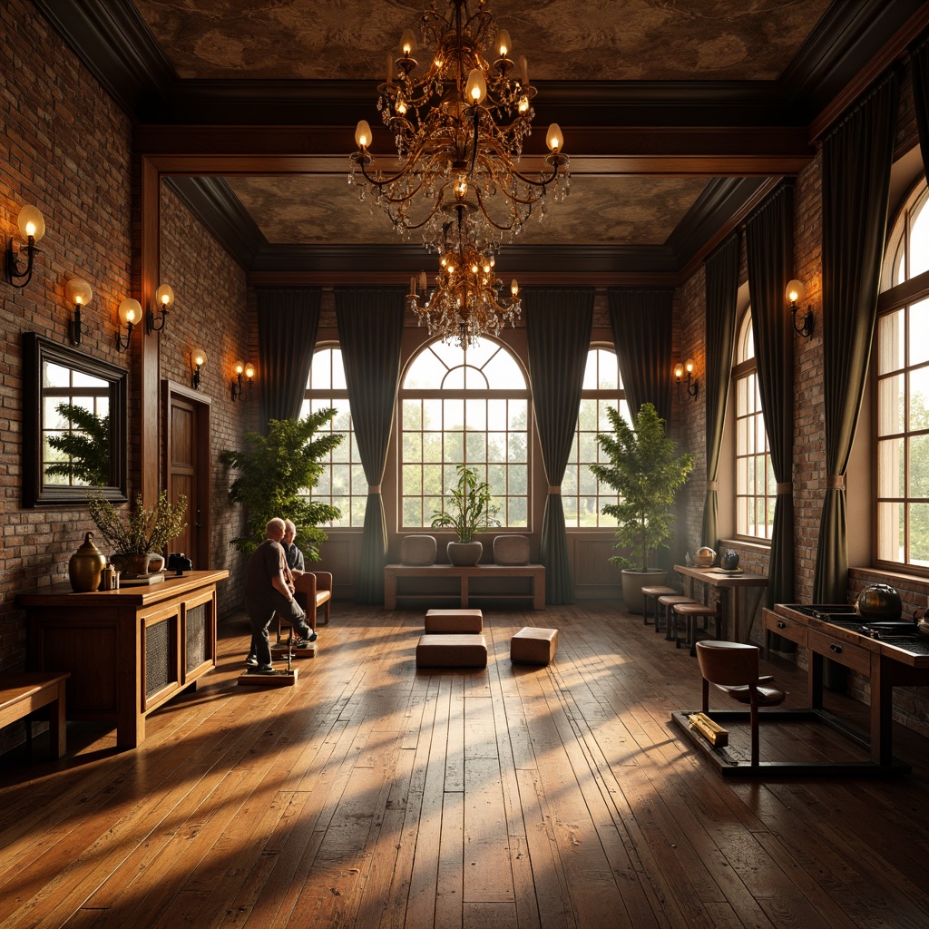 Prompt: Opulent Victorian home gym, rich wood flooring, ornate moldings, crystal chandeliers, warm golden lighting, floor-to-ceiling windows, lavish drapery, antique exercise equipment, leather-bound weights, vintage-inspired fitness accessories, distressed brick walls, industrial metal beams, reclaimed wood accents, softbox lighting, pendant lamps, frosted glass shades, 3-point lighting setup, subtle color grading, cinematic camera angles, atmospheric fog effect.