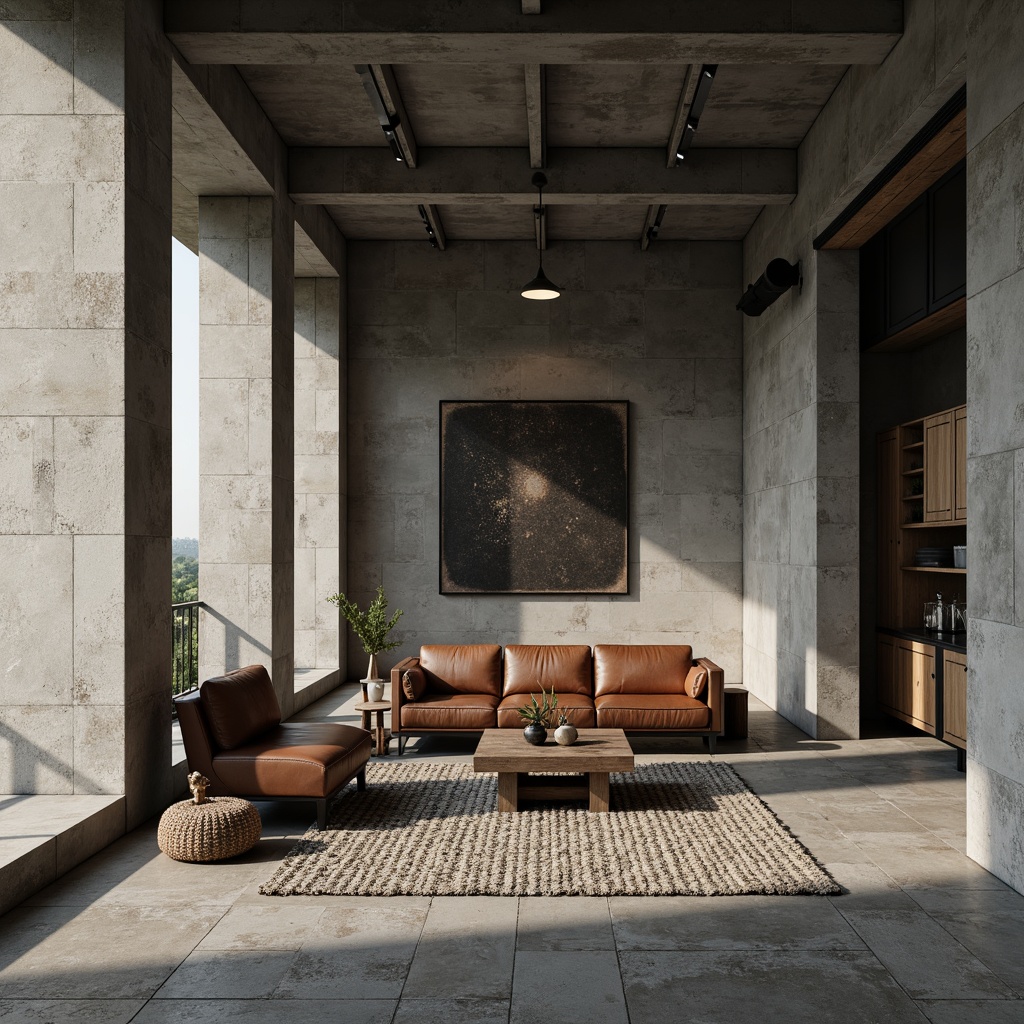 Prompt: Exposed concrete walls, rough-hewn stone floors, brutalist architectural elements, industrial-style lighting fixtures, metal beams, minimalist decor, monochromatic color scheme, raw unfinished textures, rugged wooden accents, distressed leather furniture, bold geometric patterns, dramatic shadows, high-contrast lighting, cinematic composition, realistic materials, ambient occlusion.