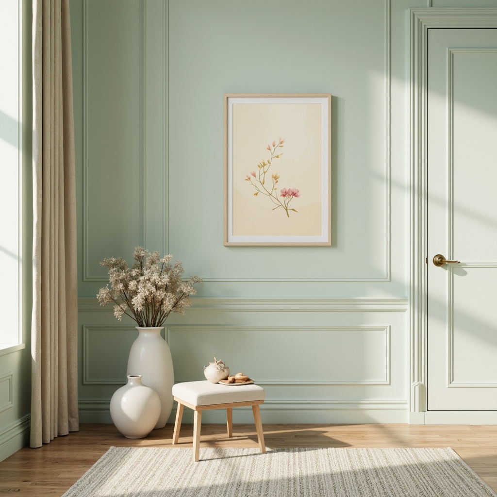 Prompt: Soft celadon walls, creamy whites, warm beige accents, natural wood tones, elegant crown molding, refined furniture legs, subtle texture variations, delicate porcelain vases, pastel-hued artwork, gentle ambient lighting, 1/1 composition, shallow depth of field, realistic fabric textures, soft focus effect.