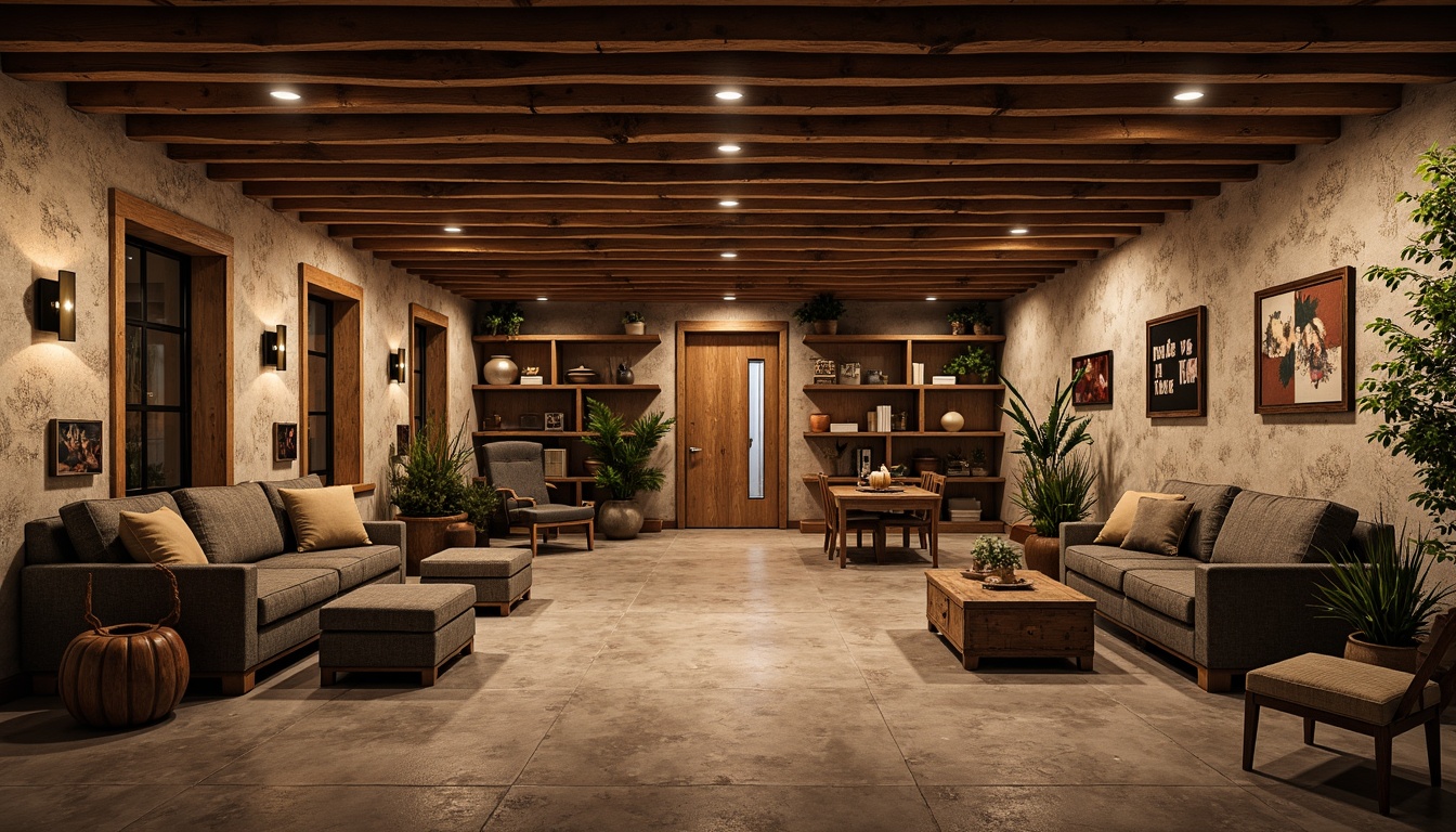 Prompt: Rustic basement, wooden exposed beams, natural stone walls, earthy color palette, warm ambiance, cozy atmosphere, industrial-style lighting, metal accents, reclaimed wood furniture, vintage decorative items, distressed textures, rough-hewn wood, natural materials, organic shapes, intimate setting, soft warm lighting, 1/1 composition, realistic renderings.