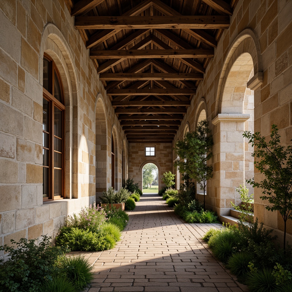 Prompt: Rustic monastery walls, distressed stone textures, earthy color palette, arched windows, wooden accents, ornate carvings, vaulted ceilings, stained glass details, grand entranceways, worn brick pathways, overgrown ivy, soft natural lighting, warm beige tones, subtle shadowing, atmospheric perspective, 1/2 composition, cinematic depth of field, realistic weathering effects.