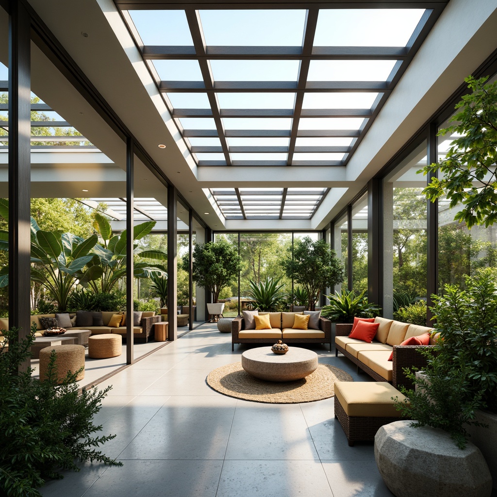 Prompt: Vibrant sunroom interior, futuristic architecture, sleek metal frames, floor-to-ceiling glass windows, sliding glass doors, minimal ornamentation, bright white walls, polished concrete floors, lush greenery, tropical plants, natural stone accents, ambient lighting, soft warm glow, shallow depth of field, 3/4 composition, panoramic view, realistic textures, innovative solar panels, energy-efficient systems, automated shades, smart home technology, cozy reading nooks, plush furniture, bold color schemes.