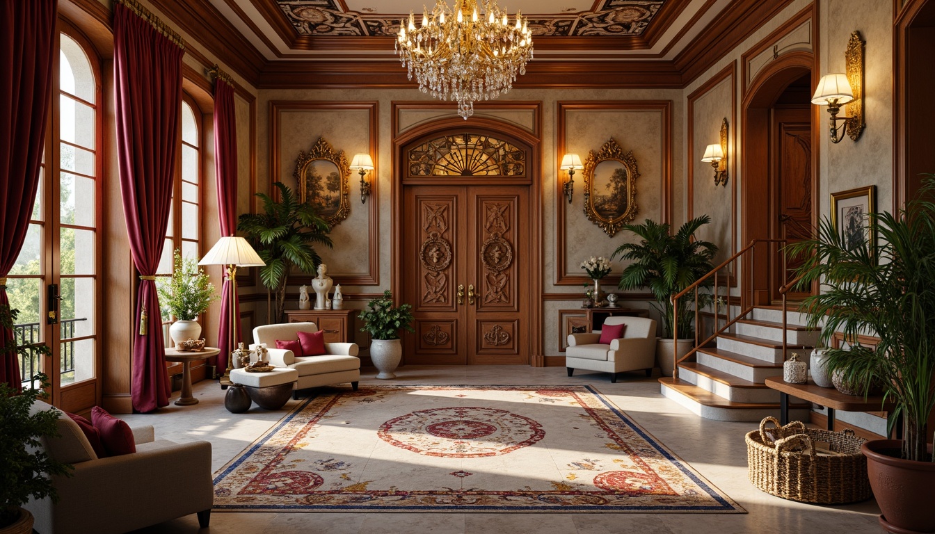 Prompt: Opulent luxury villa, intricately carved wooden doors, ornate golden hardware, lavish crystal chandeliers, rich velvet drapes, patterned marble floors, grand staircases, majestic columns, exquisite fresco ceilings, elegant archways, sophisticated crown molding, plush area rugs, vibrant colorful tapestries, whimsical sculptures, delicate ceramics, rustic distressed finishes, warm ambient lighting, soft focus blur, 1/2 composition, romantic warm color palette.