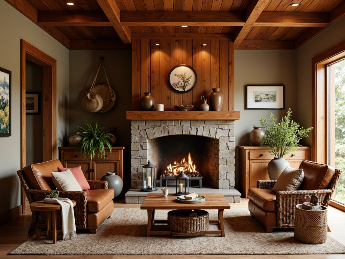 Prompt: Earth-toned craftsman style interior, warm wood accents, rich walnut paneling, stone fireplace, comfy leather armchairs, woven wicker furniture, vintage metal lanterns, earthy terracotta vases, natural fiber rugs, soft warm lighting, 1/2 composition, shallow depth of field, realistic textures, ambient occlusion, cozy atmosphere, inviting decor.