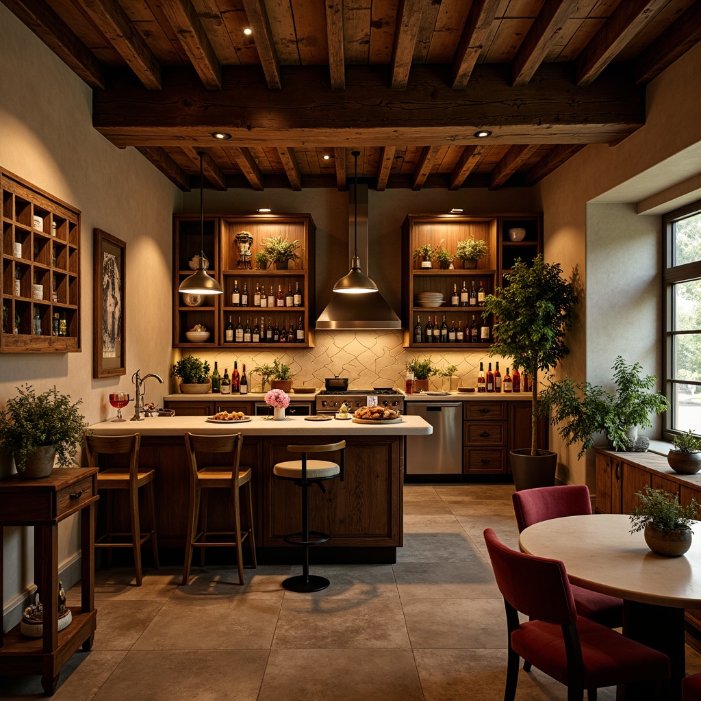 Prompt: Cozy home bar, rich wood tones, warm ambiance, vintage decor, rustic metal accents, earthy color scheme, warm beige walls, dark wooden cabinetry, bronze hardware, soft cream countertops, deep red wine bottles, lush greenery, intimate lighting, dimmable pendant lamps, 3/4 composition, shallow depth of field, warm golden hour lighting.