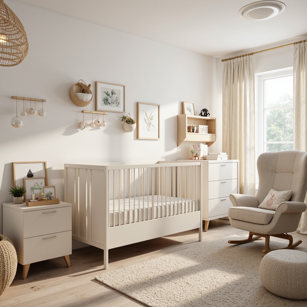 Prompt: Creamy white crib, minimalist metal frame, soft pastel colors, rounded edges, gentle curves, smooth wood accents, plush area rug, modern minimalist furniture, sleek changing table, compact storage units, calming mobiles, soothing wall art, natural textiles, breathable fabrics, ergonomic glider, cozy reading nook, warm floor lamp, subtle patterned curtains, creamy white walls, soft diffused lighting, shallow depth of field, 1/2 composition, realistic textures, ambient occlusion.