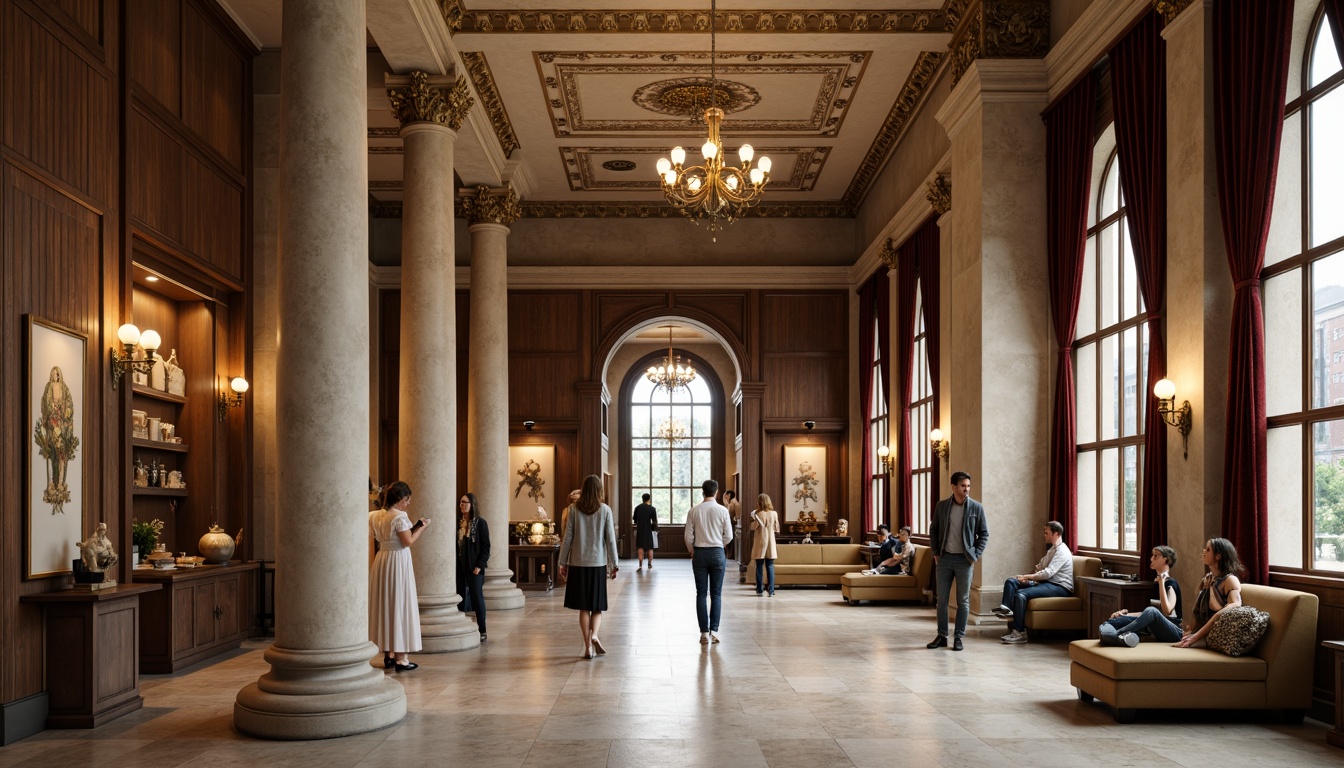 Prompt: Grand museum entrance, ornate stone columns, high ceilings, elegant chandeliers, dark wood paneling, rich velvet drapes, intricate moldings, classic artwork displays, artifact showcases, polished marble floors, subtle natural lighting, warm beige tones, sophisticated ambiance, 1/1 composition, shallow depth of field, realistic textures, ambient occlusion.