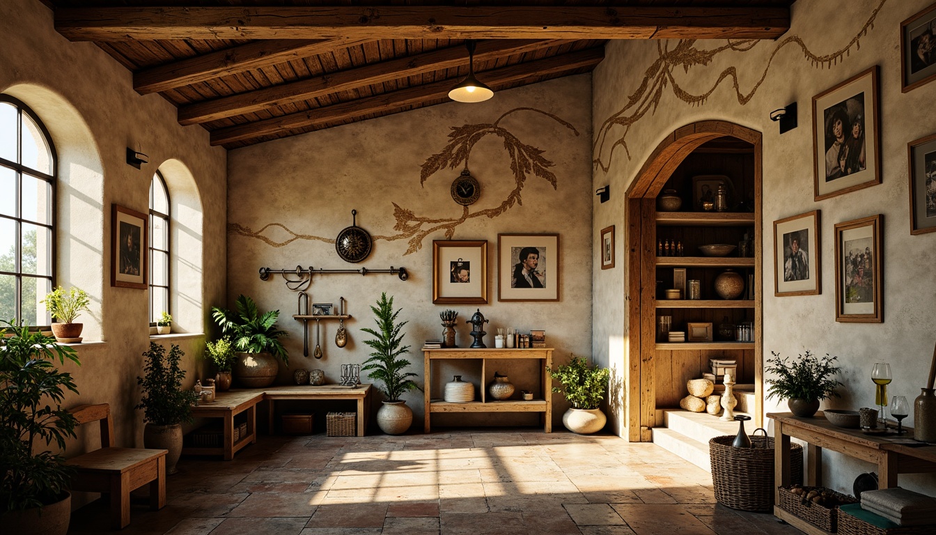 Prompt: Rustic workshop interior, textured walls with ornate stucco, Art Nouveau inspired curved lines, sinuous organic shapes, flowing botanical motifs, earthy color palette, warm golden lighting, distressed wooden beams, vintage metal tools, eclectic artwork displays, ornamental glass vases, lush greenery, worn stone floors, cozy reading nooks, soft diffused light, shallow depth of field, 1/2 composition, realistic textures, ambient occlusion.