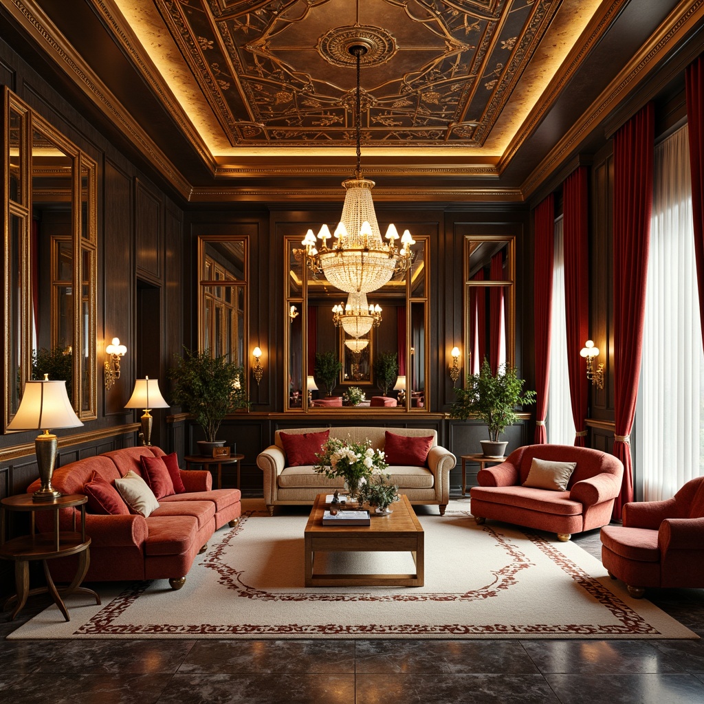 Prompt: Luxurious great room, Art Deco style, velvet sofas, golden accents, ornate mirrors, geometric patterns, marble flooring, crystal chandeliers, rich wood paneling, metallic textiles, jewel-toned colors, opulent fabrics, lavish curtains, intricate moldings, ornamental ceilings, sophisticated ambiance, warm soft lighting, 1/1 composition, shallow depth of field, realistic textures, ambient occlusion.