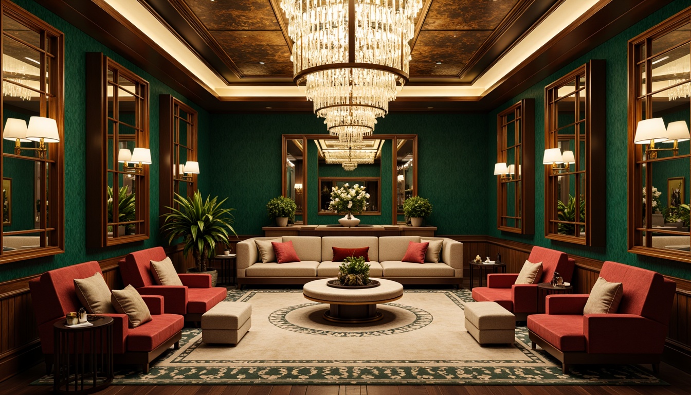 Prompt: Luxurious Art Deco interior, rich jewel-toned walls, opulent gold accents, lavish velvet furnishings, bold geometric patterns, statement light fixtures, glamorous metallic surfaces, vintage-inspired accessories, sophisticated neutral backgrounds, sumptuous emerald green, dramatic black and white contrast, warm champagne beige, decadent crimson red, soft ivory cream, ornate mirrors, lavish crystal chandeliers, high-contrast shading, 1/2 composition, cinematic lighting, intricate textures, ambient glow.