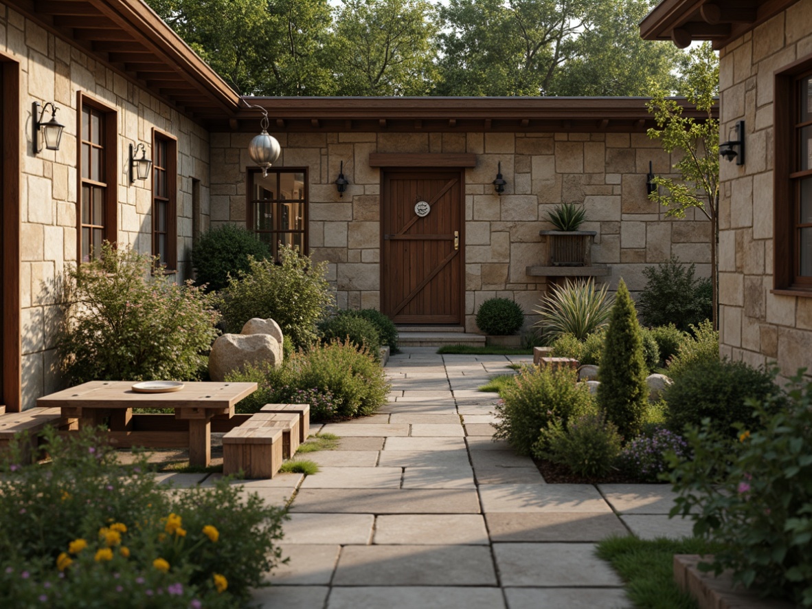 Prompt: Rustic memorial center, natural stone walls, wooden accents, earthy color palette, weathered metal decorations, vintage lanterns, distressed wood benches, moss-covered pathways, overgrown gardens, wildflowers, rustic wooden doors, antique hardware, warm soft lighting, shallow depth of field, 1/1 composition, intimate atmosphere, realistic textures, ambient occlusion.