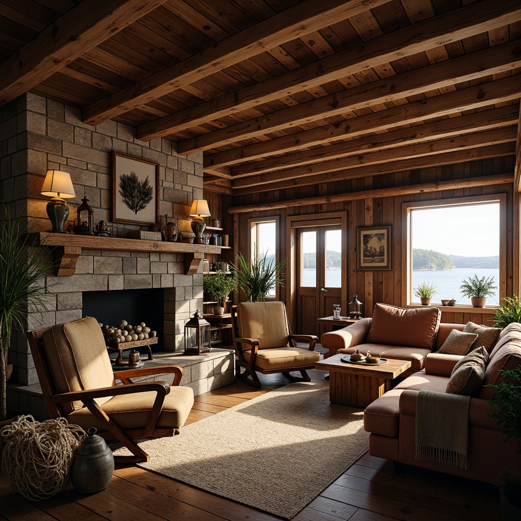 Prompt: Cozy boathouse interior, distressed wooden beams, vintage nautical decorations, rustic metal lanterns, earthy color palette, natural stone fireplace, plush furnishings, woven textiles, wooden captain's chairs, fishing nets, marine-inspired accessories, warm soft lighting, shallow depth of field, 1/2 composition, intimate atmosphere, realistic wood grain textures, ambient occlusion.