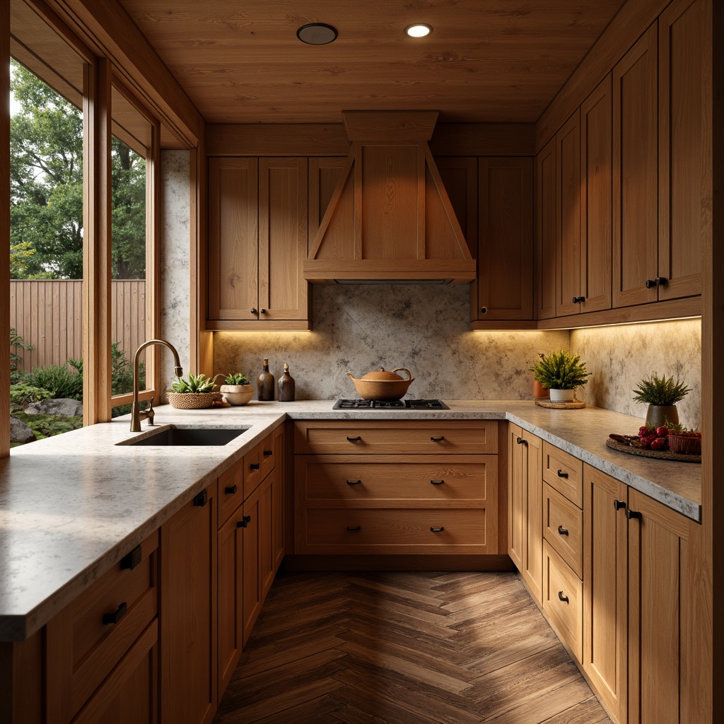 Prompt: \Intricate Japanese-style kitchen, rich wood tones, Shaker cabinets, subtle bronze hardware, soft warm lighting, honed granite countertops, dark-stained walnut flooring, natural stone backsplash, earthy terracotta accents, minimalist decor, elegant simplicity, 1/1 composition, shallow depth of field, realistic textures.\