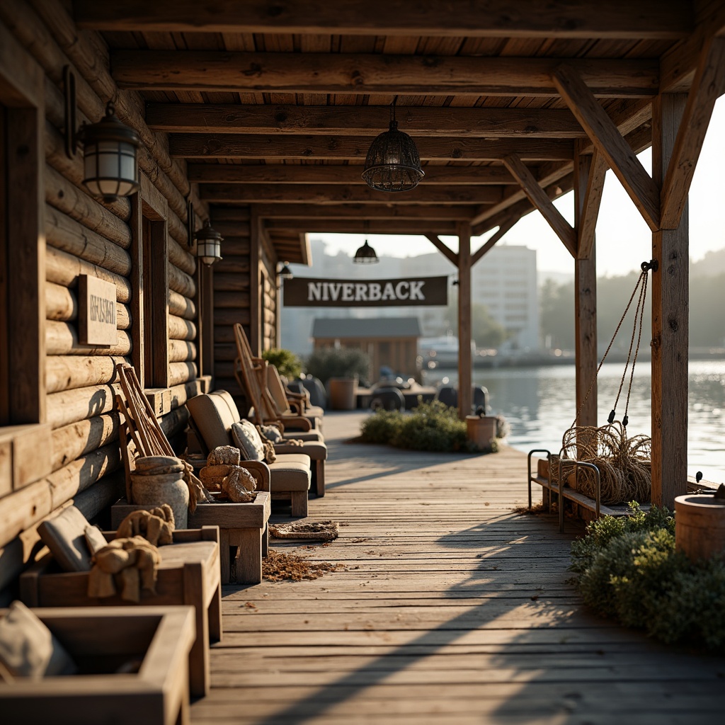 Prompt: Rustic boathouse, wooden dock, nautical theme, distressed wood textures, earthy color palette, natural materials, handcrafted details, wooden boat models, fishing nets, ropes, vintage marine equipment, warm cozy lighting, shallow depth of field, 2/3 composition, rustic wooden signs, weathered wooden planks, driftwood accents, soft warm colors, ambient occlusion.