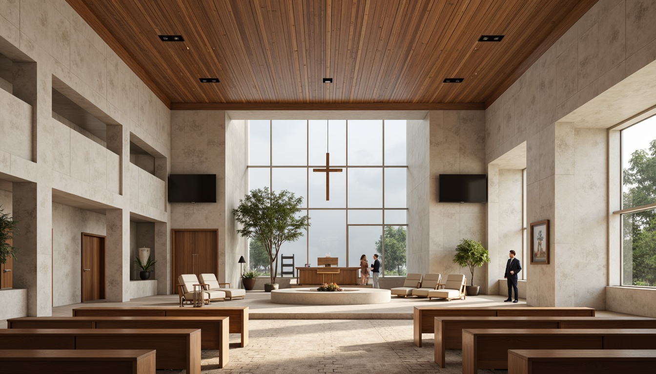 Prompt: Modern church interior, minimalist decor, neutral color palette, polished concrete floors, wooden accents, natural stone walls, sleek metal fixtures, frosted glass windows, subtle ambient lighting, warm beige upholstery, textured carpets, geometric patterns, abstract spiritual symbols, calming atmosphere, soft focus, shallow depth of field, 1/1 composition, realistic renderings.