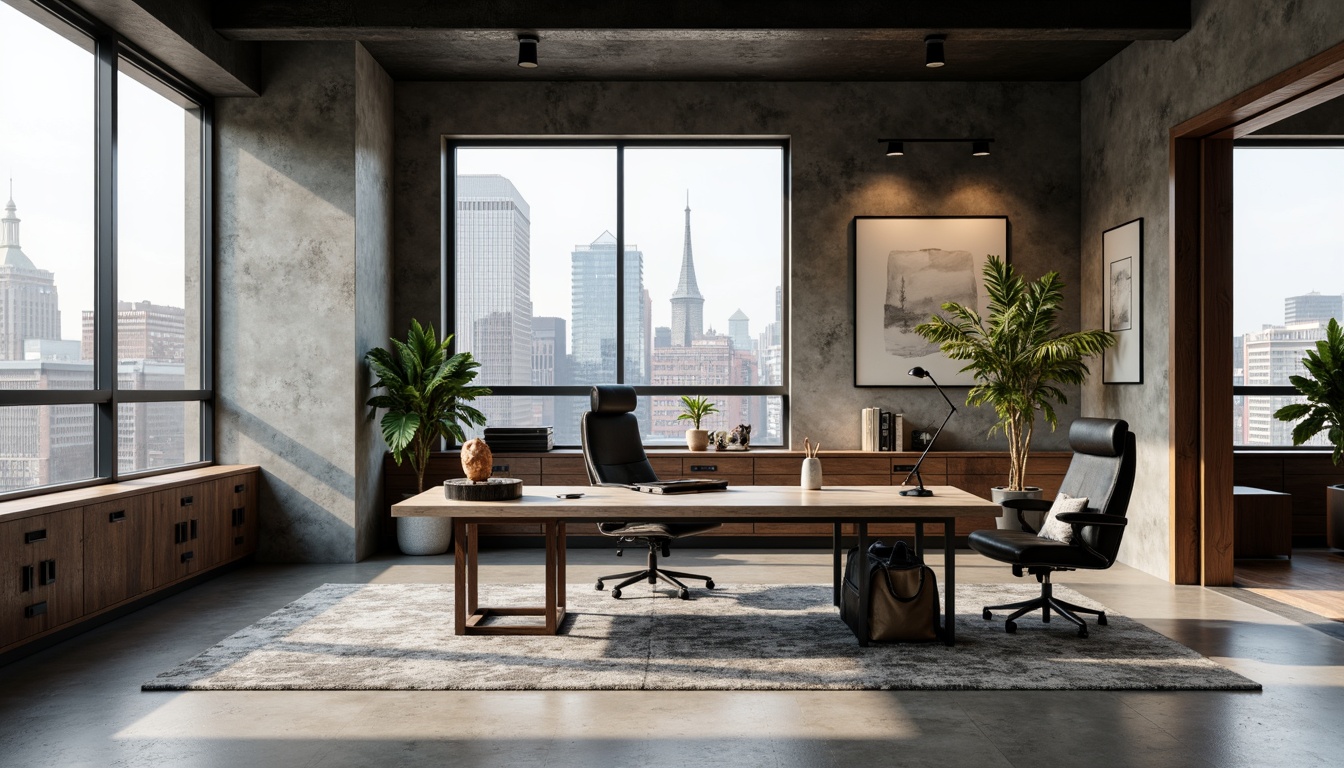 Prompt: Streamlined home office, minimalist decor, modern desk, ergonomic chair, sleek metal legs, reclaimed wood accents, industrial chic lighting, urban loft atmosphere, cityscape views, floor-to-ceiling windows, natural stone flooring, monochromatic color scheme, bold geometric patterns, textured fabrics, luxurious velvet upholstery, metallic accents, adjustable task lamps, 1/1 composition, softbox lighting, shallow depth of field, realistic reflections.