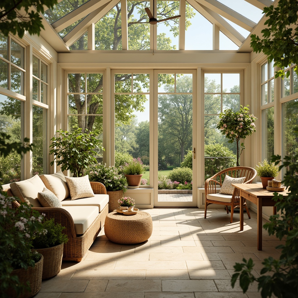 Prompt: Vibrant sunroom, warm natural light, airy atmosphere, lush greenery, blooming flowers, wooden accents, wicker furniture, soft cushions, calming pastel colors, creamy whites, gentle yellows, sky blues, earthy tones, natural textures, woven baskets, potted plants, floor-to-ceiling windows, sliding glass doors, bright sunny day, warm golden lighting, shallow depth of field, 1/1 composition, realistic renderings.