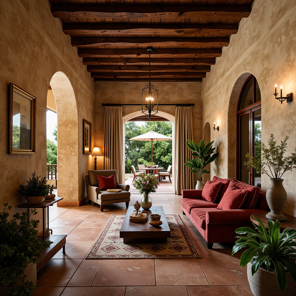 Prompt: Warm Mediterranean villa, textured stone walls, earthy terracotta flooring, rustic wooden beams, soft warm lighting, natural sea breeze, lush greenery, vintage decorative tiles, ornate wrought iron fixtures, distressed wood furniture, cozy nooks, plush velvet upholstery, rich jewel-toned fabrics, arched doorways, grand chandeliers, elegant drapery, serene ambiance, shallow depth of field, 1/1 composition, realistic textures, ambient occlusion.