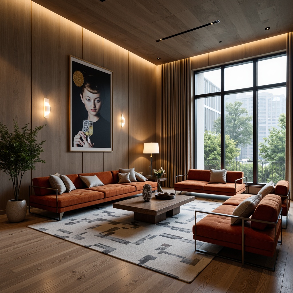 Prompt: Luxurious modern living room, sleek low-profile sofas, tufted velvet upholstery, polished chrome accents, minimalist coffee tables, geometric-patterned rugs, floor-to-ceiling windows, natural oak flooring, ambient warm lighting, 1/1 composition, soft focus blur, realistic fabric textures, stylish functional decor.