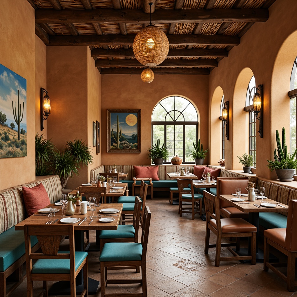 Prompt: Southwestern-style dining room, warm earthy tones, rustic wooden furniture, woven textiles, vibrant turquoise accents, plush cushions, natural fabrics, reclaimed wood tables, distressed leather chairs, rattan lighting fixtures, pendant lanterns, ceramic vases, potted cacti, desert-inspired artwork, stucco walls, arched windows, cozy corner banquettes, warm candlelight, shallow depth of field, 3/4 composition, realistic textures.