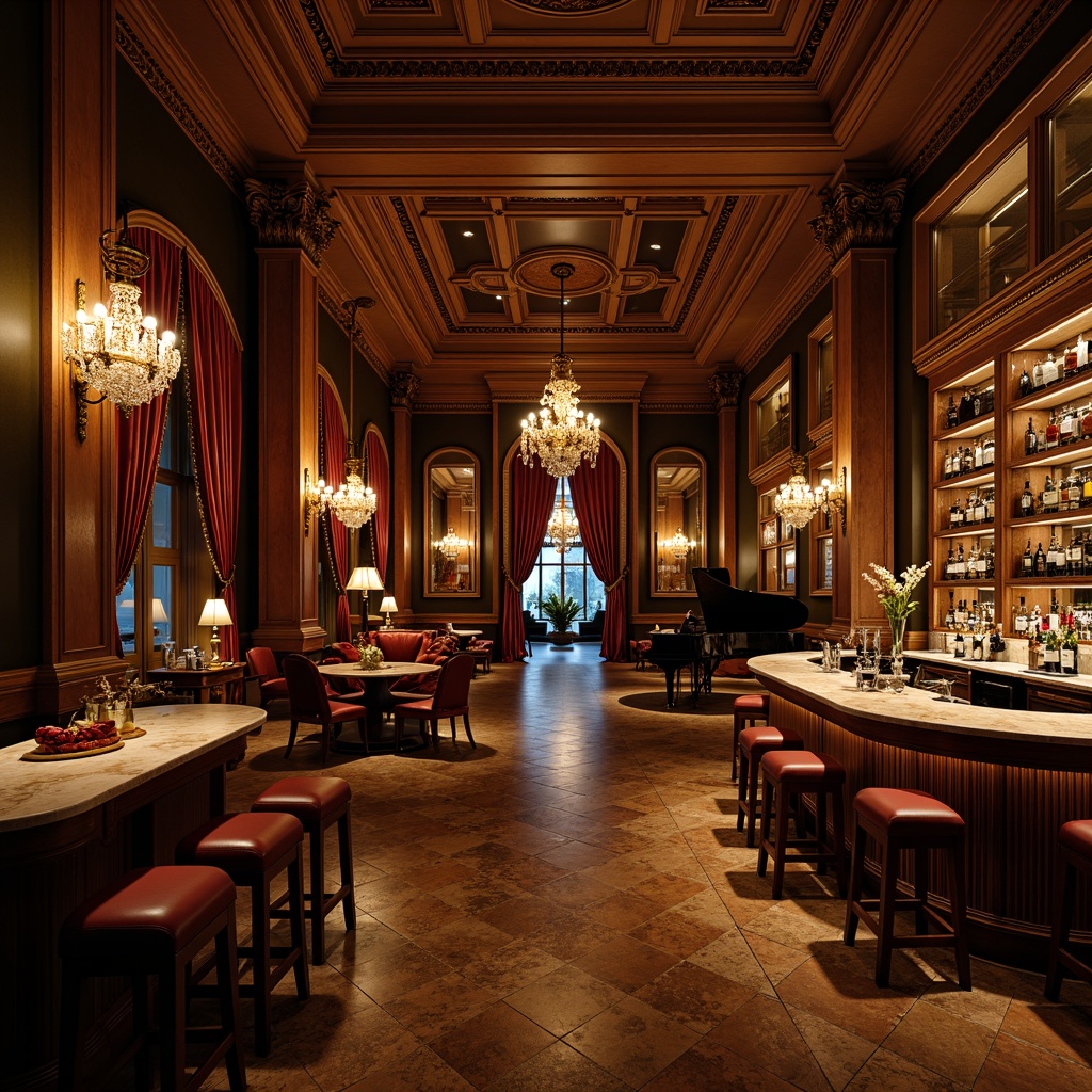 Prompt: Luxurious bar interior, neoclassical columns, ornate moldings, rich wood tones, velvet drapes, crystal chandeliers, marble countertops, antique furniture, vintage accessories, dim warm lighting, atmospheric shadows, 1/2 composition, cinematic mood, realistic reflections, intricate details, golden accents, sophisticated atmosphere, lively jazz music, whiskey barrels, wine cellar, grand piano, ornate mirrors.