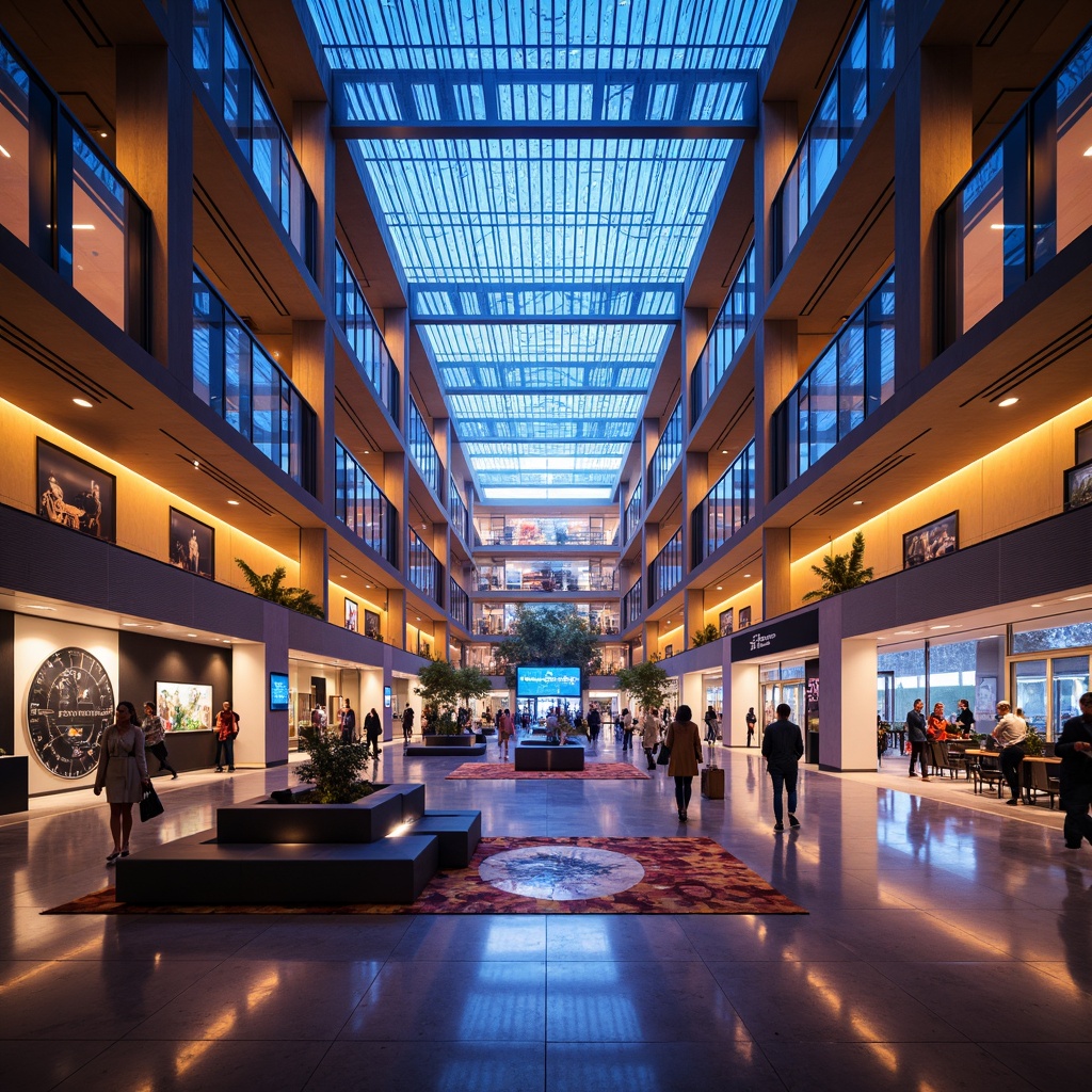 Prompt: Vibrant museum atrium, soaring ceilings, natural daylight, LED light installations, warm ambient glow, dramatic spotlighting, floor-to-ceiling windows, polished marble floors, sleek modern furniture, interactive exhibits, immersive multimedia displays, dynamic color schemes, soft box lighting, 1/1 composition, low-angle shot, realistic reflections, subtle lens flares, cinematic atmosphere.