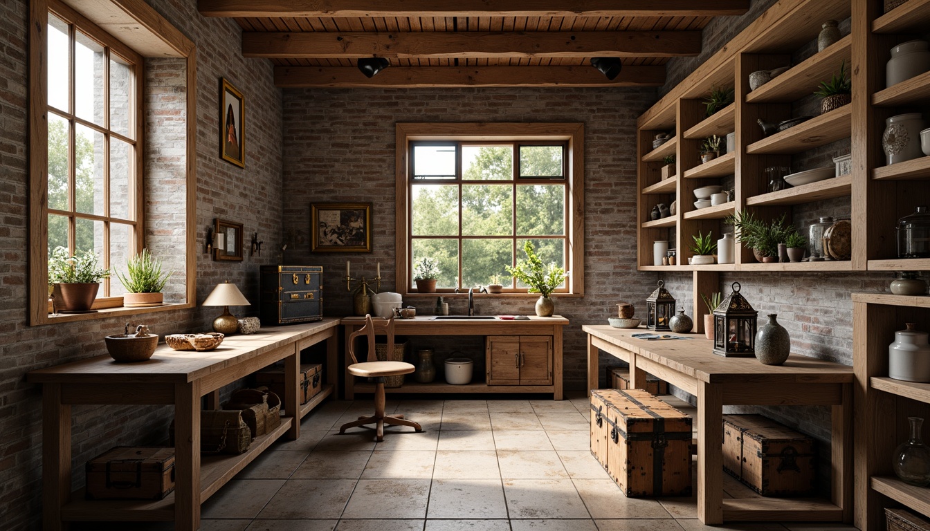 Prompt: Rustic craft room, wooden workbenches, vintage tools, antique storage trunks, ornate metal lanterns, distressed wood shelving, classic elegance style, earthy color palette, natural stone flooring, exposed brick walls, large windows, soft warm lighting, 1/1 composition, realistic textures, ambient occlusion.