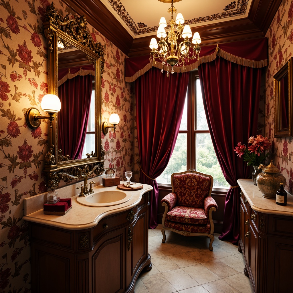 Prompt: Whimsical powder room, ornate mirrors, velvet drapes, antique furniture, lavish chandeliers, marble countertops, rich jewel tones, bold patterned wallpapers, eclectic decorative accents, vintage perfume bottles, crystal vases, luxurious textiles, soft warm lighting, shallow depth of field, 1/1 composition, intimate atmosphere, realistic reflections, ambient occlusion.