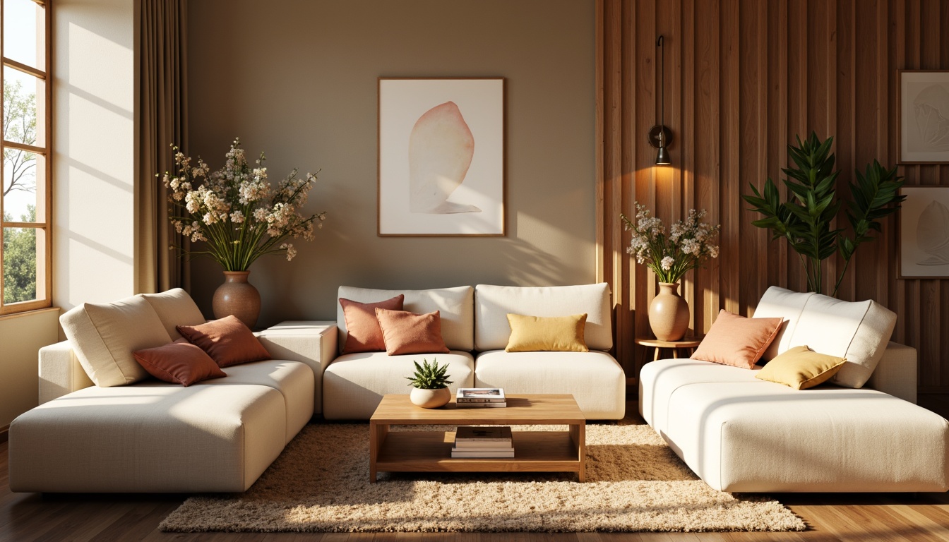 Prompt: Harmonious living room, warm beige walls, rich walnut wood accents, soft cream sofas, velvety throw pillows, earthy terracotta vases, natural fiber rugs, minimalist metal lighting fixtures, calming greenery, blooming flowers, serene ambiance, warm golden lighting, shallow depth of field, 1/1 composition, realistic textures, ambient occlusion.