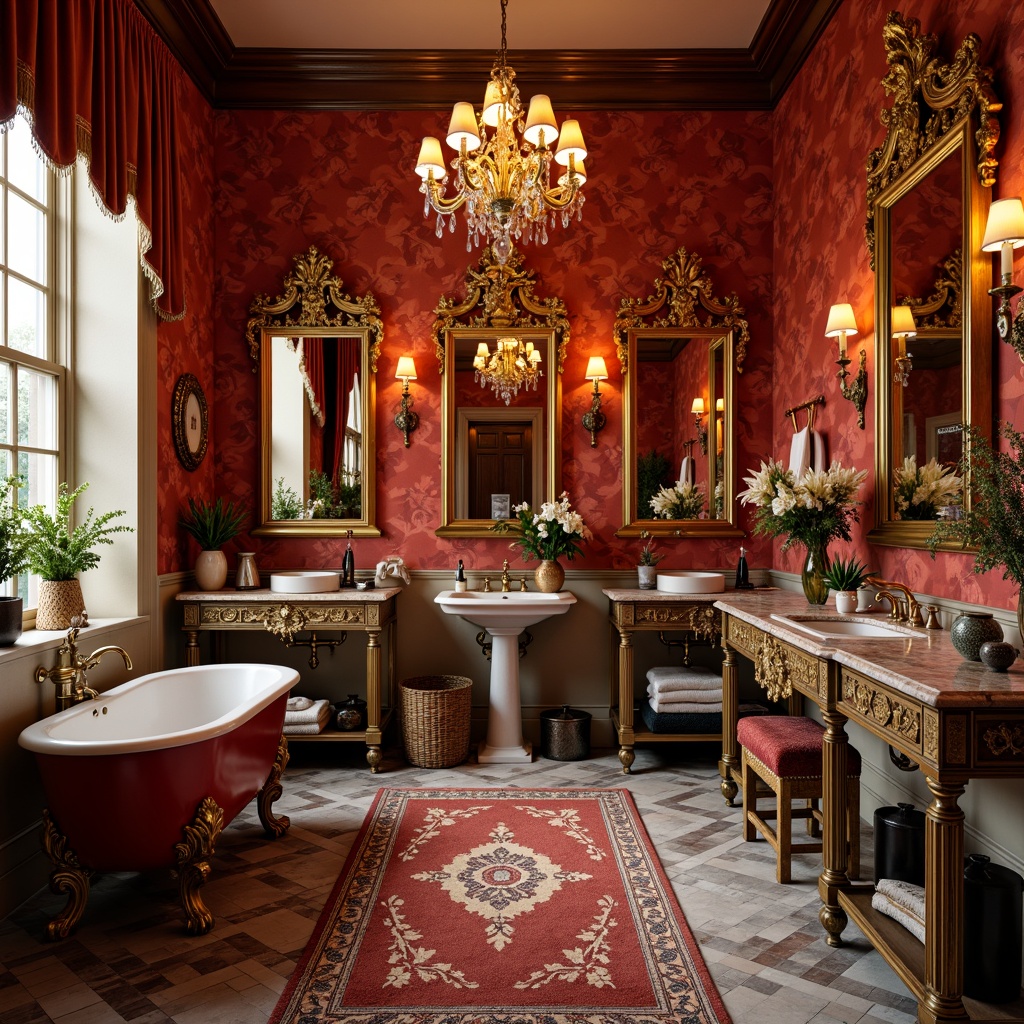 Prompt: Vibrant powder room, ornate mirror frames, lavish chandeliers, rich velvet drapes, bold wallpaper patterns, eclectic furniture pieces, antique decorative accents, luxurious marble countertops, ornamental vases, soft golden lighting, shallow depth of field, 1/1 composition, warm atmospheric colors, realistic textures, ambient occlusion.