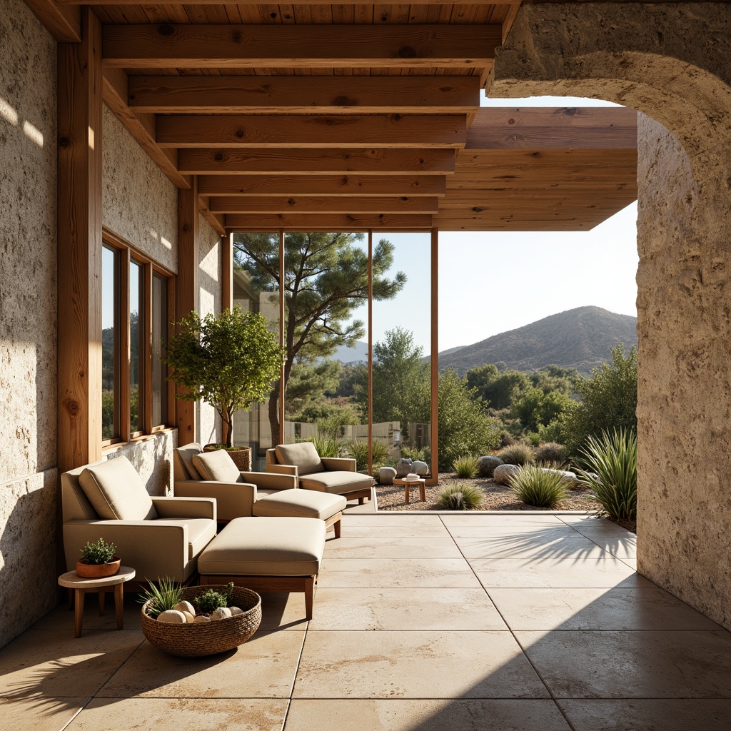 Prompt: Organic mid-century modern home, textured walls, natural stone accents, wooden beams, large windows, sliding glass doors, minimalist decor, geometric patterns, earthy color palette, lush greenery, desert landscape, warm sunny day, soft diffused lighting, shallow depth of field, 3/4 composition, realistic textures, ambient occlusion.