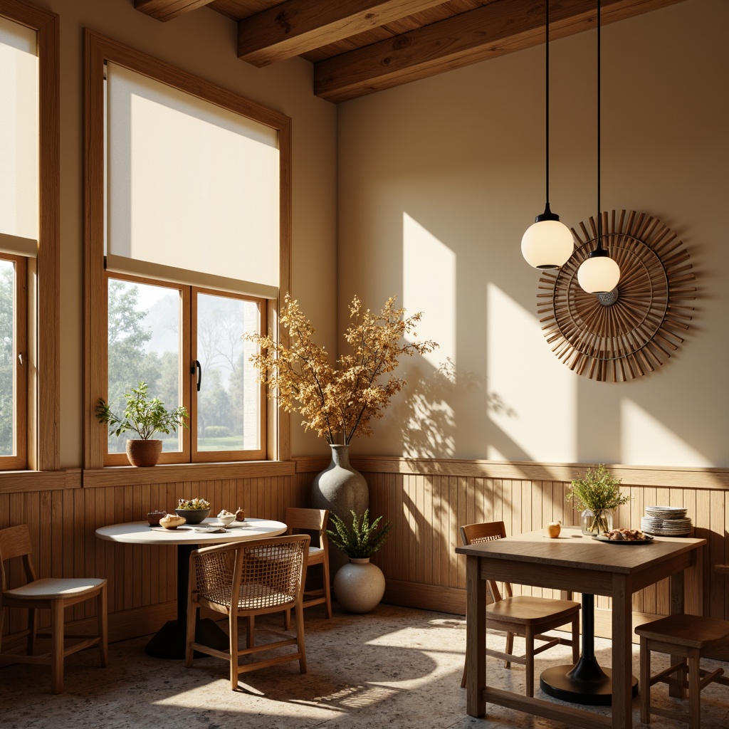 Prompt: Cozy breakfast nook, warm beige walls, natural wood tones, soft morning light, pendant lights, globe-shaped fixtures, brushed metal accents, creamy white shades, subtle ambient glow, 3/4 composition, shallow depth of field, inviting atmosphere, rustic-chic decor, woven textiles, vintage-inspired accessories, soft focus, warm color palette.