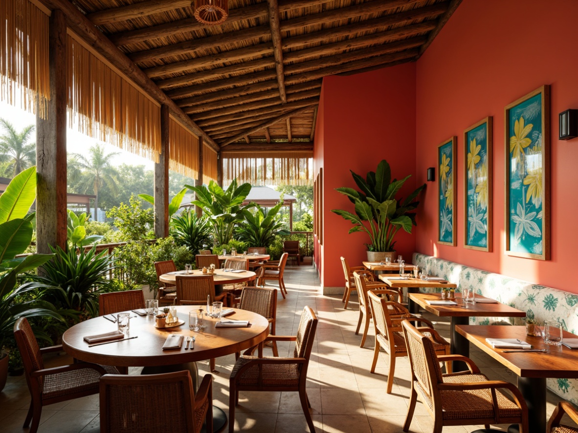 Prompt: Vibrant tropical dining hall, bright coral walls, lush greenery, exotic flower patterns, natural wood accents, woven rattan furniture, warm golden lighting, ocean-inspired blues, sunny yellow hues, creamy whites, rich turquoise tones, eclectic global decor, lively festive atmosphere, shallow depth of field, 1/2 composition, realistic textures, ambient occlusion.