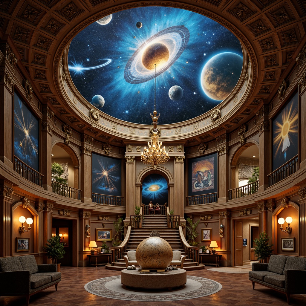 Prompt: Intricate planetarium dome, ornate Victorian architecture, celestial body murals, golden accents, rich wood paneling, intricate stucco work, grandiose entranceways, sweeping staircases, lavish chandeliers, opulent velvet drapes, starry night sky projections, vintage astronomical instruments, antique telescopes, brass fixtures, leather-bound tomes, dim warm lighting, dramatic shadows, 1/1 composition, atmospheric misting, realistic ornate details.