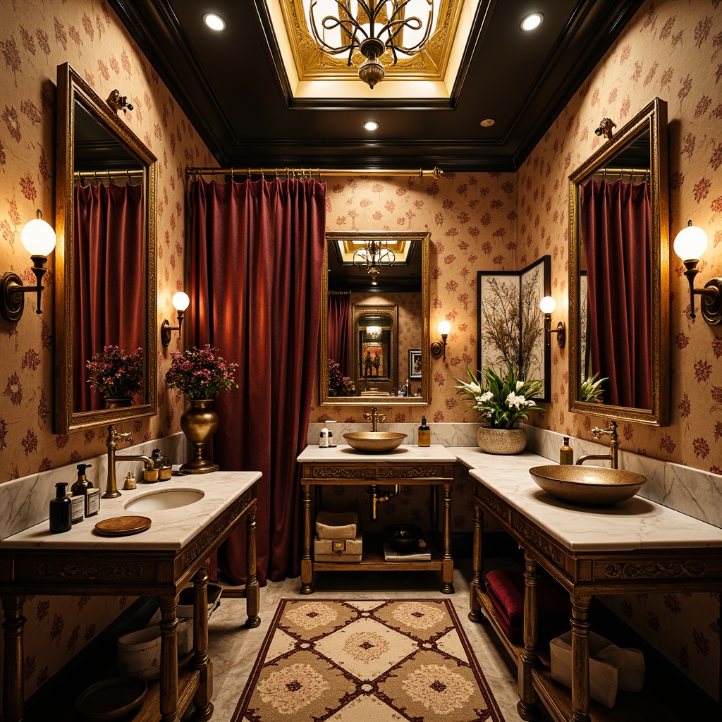 Prompt: Whimsical powder room, eclectic style, ornate mirrors, antique furniture, luxurious fabrics, rich textures, bold color schemes, statement lighting fixtures, metallic accents, gemstone-inspired accessories, velvet drapes, marble countertops, decorative screens, abstract artwork, exotic patterns, lavish decorations, soft warm glow, shallow depth of field, 1/2 composition, intimate atmosphere, realistic reflections, ambient occlusion.