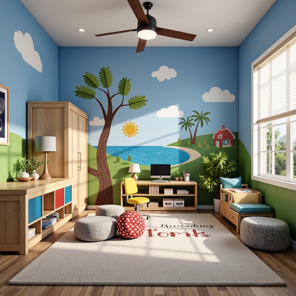 Prompt: Vibrant kids' room, playful color scheme, whimsical wall murals, cozy reading nooks, adjustable shelving units, storage ottomans, soft area rugs, kid-friendly furniture, ergonomic desk chairs, inspirational quotes, natural wood accents, calming blue tones, overhead task lighting, 1/1 composition, shallow depth of field, realistic textures, ambient occlusion.