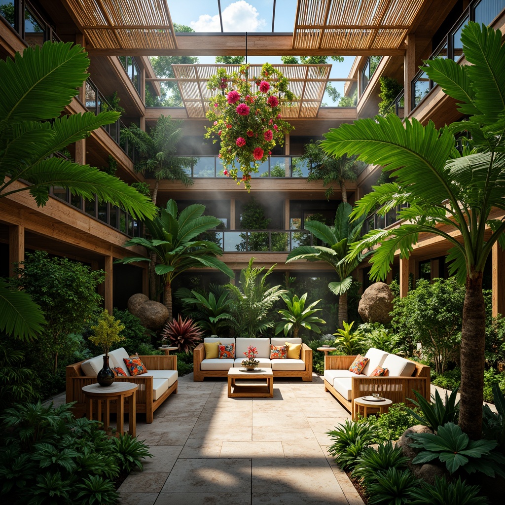 Prompt: Lush tropical foliage, exotic palm trees, vibrant green walls, natural stone flooring, wooden accents, rattan furniture, colorful tiki torches, woven bamboo ceiling, dramatic high ceilings, skylights, warm ambient lighting, soft misting system, lush greenery chandeliers, flower-patterned textiles, earthy color palette, organic shapes, 3/4 composition, realistic plant textures, atmospheric fog effect.