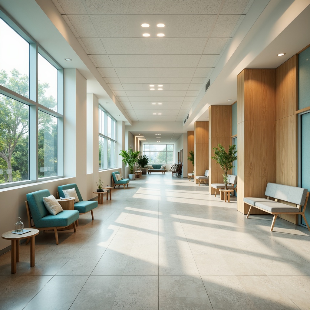 Prompt: Calming healthcare environment, soothing color scheme, pastel shades, gentle blues, pale greens, creamy whites, warm beige tones, natural wood accents, comfortable seating areas, peaceful waiting rooms, serene corridors, soft indirect lighting, warm LED lights, subtle texture patterns, minimalist decorations, elegant simplicity, spacious open spaces, airy atmosphere, calming ambiance, reduced anxiety, improved well-being, optimistic mood, uplifting surroundings.