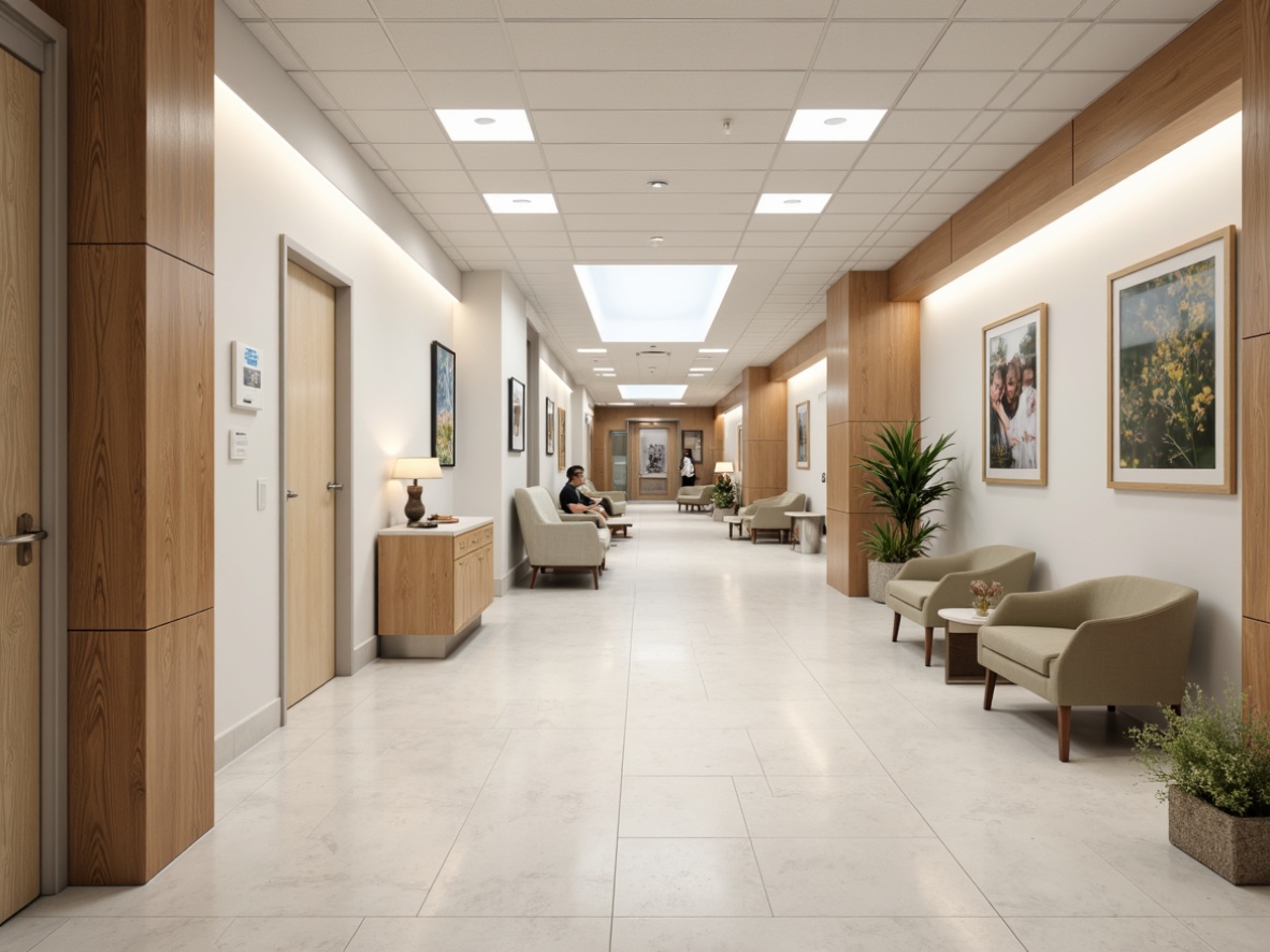 Prompt: Academic hospital interior, sterile white walls, warm beige accents, rich wood paneling, subtle texture contrasts, soft LED lighting, calming ambiance, medical equipment integration, durable flooring materials, sound-absorbing ceiling tiles, minimalist decor, nature-inspired artwork, soothing color palette, comfortable waiting areas, ergonomic furniture design, quiet corridors, natural stone feature walls, modern signage systems, clear glass partitions, seamless joint detailing, 1/1 composition, softbox lighting, realistic material textures, ambient occlusion.