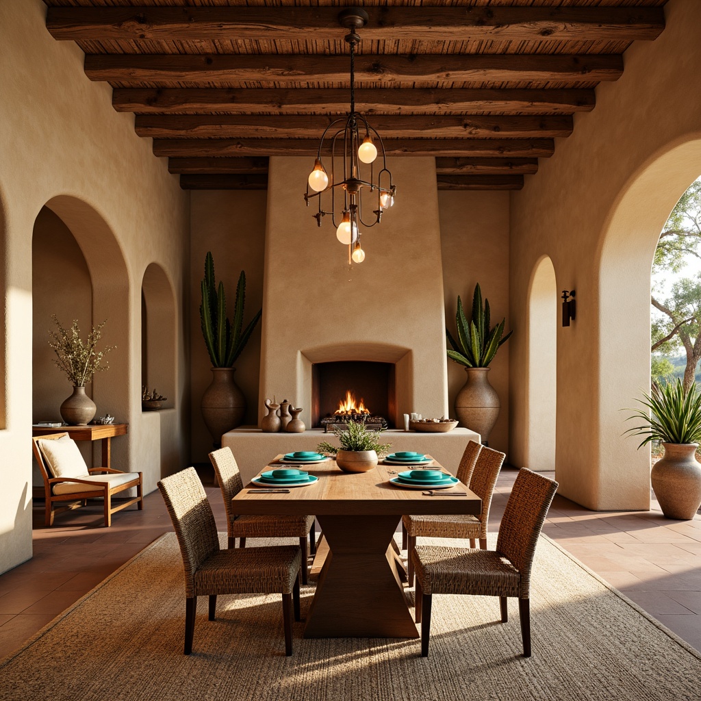 Prompt: Southwestern-inspired dining room, earthy tones, warm beige walls, rustic wooden furniture, woven wicker chairs, vibrant turquoise accents, natural fiber rugs, terracotta pottery, Pueblo-style architecture, adobe-inspired textures, rough-hewn stone fireplaces, warm candlelight, cozy ambient atmosphere, intimate gathering spaces, desert botanicals, succulent arrangements, warm golden lighting, shallow depth of field, 1/2 composition, realistic renderings.