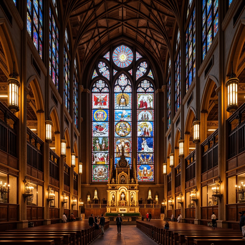 Prompt: Vibrant stained glass windows, intricate Art Deco patterns, sacred religious symbols, majestic cathedral architecture, ornate golden details, richly colored mosaics, luxurious velvet drapes, dramatic chandeliers, atmospheric soft lighting, warm earthy tones, spiritual ambiance, historic landmark building, grandiose scale, symmetrical composition, 1/1 aspect ratio, realistic textures, ambient occlusion.