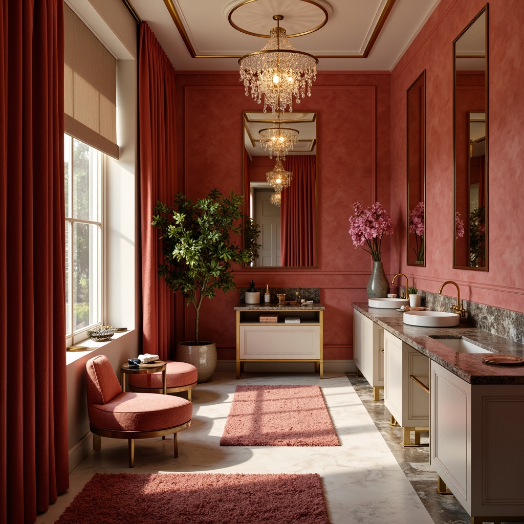 Prompt: Rich powder room, luxurious velvet drapes, soft golden lighting, elegant marble countertops, ornate gold fixtures, lavish crystal chandeliers, plush area rugs, sophisticated color palette, bold coral hues, creamy whites, deep berry tones, metallic accents, subtle sheen finishes, refined textures, sophisticated ambiance, warm intimate atmosphere, shallow depth of field, 1/1 composition, soft focus effect.