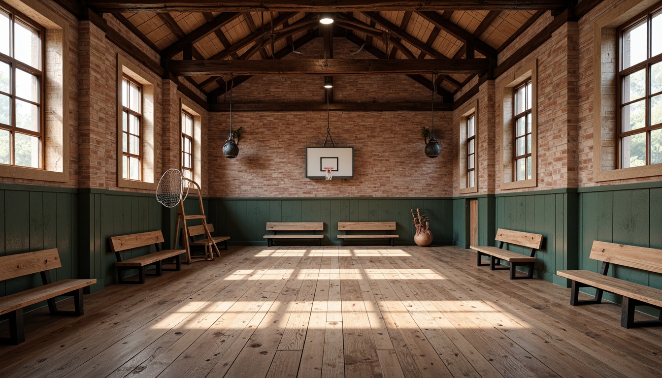 Prompt: Rustic gymnasium interior, reclaimed wooden floors, distressed planks, exposed brick walls, industrial metal beams, vintage sports equipment, rustic wooden benches, earthy tone color palette, natural stone accents, warm cozy lighting, shallow depth of field, 1/2 composition, realistic textures, ambient occlusion.