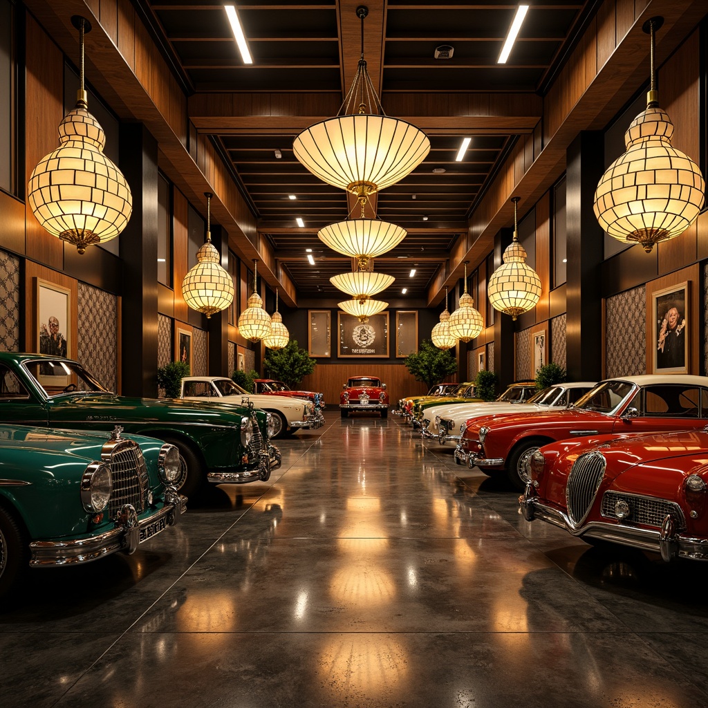 Prompt: Art Deco garage, geometric patterns, metallic accents, luxurious materials, rich jewel tones, bold black lines, ornate details, opulent chandeliers, vintage cars, sleek curves, high-gloss finishes, warm golden lighting, dramatic shadows, 1/1 composition, symmetrical framing, realistic reflections, ambient occlusion.