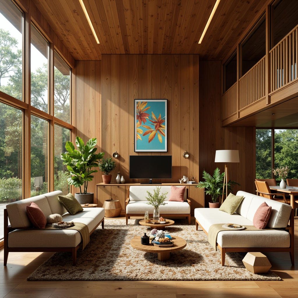 Prompt: Warm mid-century modern interior, natural wood tones, rich walnut accents, earthy terracotta hues, soft sage greens, creamy whites, bold turquoise statements, geometric patterned rugs, vintage brass fixtures, linen-textured upholstery, organic shaped furniture, abundant greenery, floor-to-ceiling windows, warm golden lighting, shallow depth of field, 2/3 composition, realistic textures, ambient occlusion.